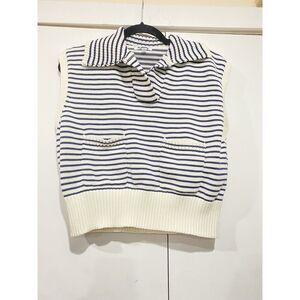 Women’s Cropped Sweater Small Beige/Blue Stripe Knit Sleeveless RedBerry Pockets